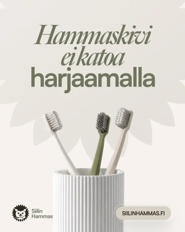 🦷 Hammaskivi: mitä se on ja miksi se kannattaa poistaa?Hammaskivi muodostuu, kun hampaan pinnalle kertynyt bakteeripeite eli plakki kovettuu. Tavallinen hampaiden harjaus ei enää poista hammaskiveä, vaan sen poistoon tarvitaan suun terveyden ammattilainen.Miksi hammaskivi kannattaa poistaa?✔️ Edistää ienten terveyttä.
✔️ Auttaa ehkäisemään ientulehdusta ja sen etenemistä.
✔️ Vähentää bakteerien kertymistä hampaiden pinnoille.
✔️ Jättää suuhun puhtaan ja raikkaan tunteen.Hammaskiveä kertyy jokaiselle eri tahtiin, joten myös sopiva hoitoväli on yksilöllinen. Suuhygienisti arvioi vastaanotolla juuri sinulle sopivan käyntivälin.Säännöllinen hammaskiven poisto on tärkeä osa hyvää suun terveyttä ja auttaa pitämään hymysi hyvinvoivana. Tervetuloa suuhygienistin vastaanotolle Siilinjärvelle tai Nurmekseen.
#hammaskivi #suuhygienisti #suunhyvinvointi #siilinhammas