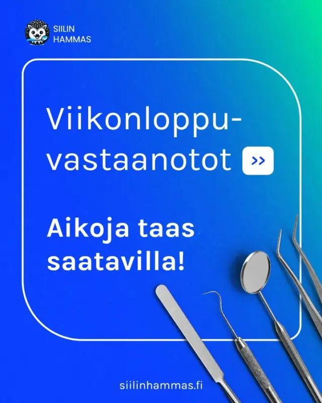 Viikonloppuvastaanotot ovat taas kesän tauon jälkeen avoinna! Tervetuloa hammashoitoon myös lauantaisin ja sunnuntaisin klo 10-14:00.

#siilinjärvi #hammashoito #siilinhammas #kuopio #hammaslääkäri