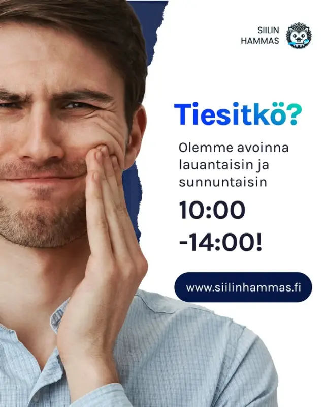 Jos arki on kiireinen, eikä hammashoidolle löydy sopivaa aikaa: tervetuloa Siilin Hampaan viikonloppuvastaanotolle!

🕑 Olemme avoinna lauantaisin ja sunnuntaisin klo 10-14:00. Viikonloppuajoista ei aiheudu lisäkustannuksia!

#hammaslääkäri #hammashoito #siilinjärvi #kuopio #suuhygienisti