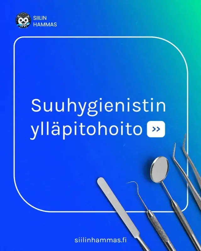 Suuhygienistin tekemä ylläpitohoito poistaa hammaskiveä ja värjäytymiä, vähentää ientulehduksen riskiä ja kirkastaa hymyä. Samalla saat henkilökohtaisia vinkkejä hampaiden ja ikenien hoitoon. 🪥🦷

#hammaslääkäri #hammashoito #siilinjärvi #kuopio #suuhygienisti